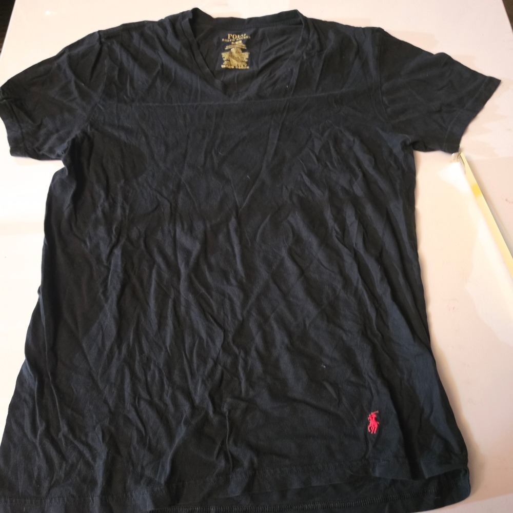 Polo Ralph Lauren Mens V-Neck T-Shirt Black Classic Fit Red Pony Logo Medium